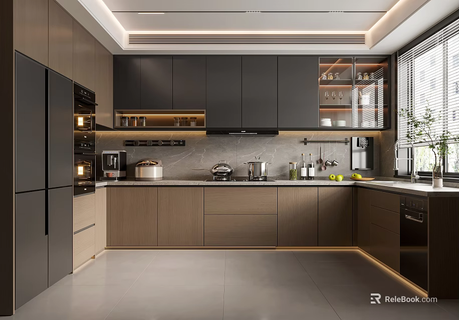 Modern Kitchen Interior With Dark Cabinets Island Countertop Appliances Window And Ambient Lighting 3d model 