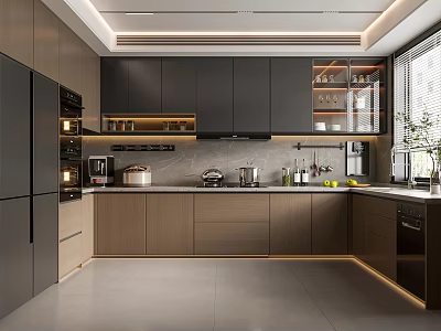 Modern Kitchen Interior With Dark Cabinets Island Countertop Appliances Window And Ambient Lighting 3d model