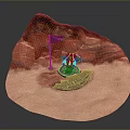 Scenic Red Mountain Landscape With Red Flag Green Robot Stone Pile Sandy Ground