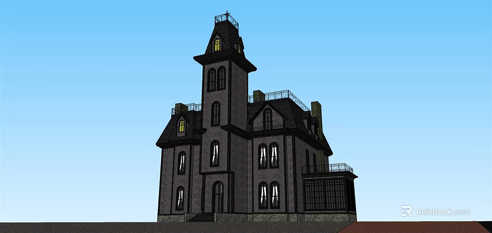 Ancient Historic Building With Tower Steeple Balcony Railing And Ornate Windows 3d model 