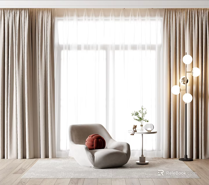 Beige Curtains for Modern Living Room with Large Window Armchair Side Table and Floor Lamp 3d model 
