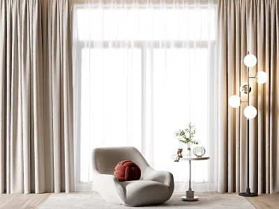 Beige Curtains for Modern Living Room with Large Window Armchair Side Table and Floor Lamp 3d model