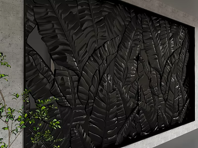 Black Decorative Wall With 3D Leaf Pattern And Shiny Texture Near Green Plant 3d model
