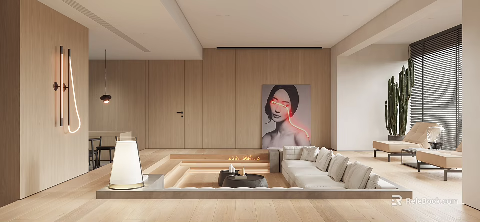 Elegant Modern Living and Dining Room Interior With Wooden Walls Fireplace Sofa and Artwork 3d model 