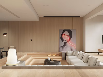Elegant Modern Living and Dining Room Interior With Wooden Walls Fireplace Sofa and Artwork 3d model