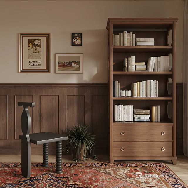 Wooden Bookcase Design With Black Chair Potted Plant And Framed Artworks On Wooden Walls 3d model 