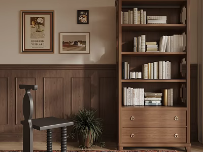Wooden Bookcase Design With Black Chair Potted Plant And Framed Artworks On Wooden Walls 3d model