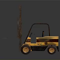 Yellow Rusty Forklift With Cab And Front Forks On Dark Surface