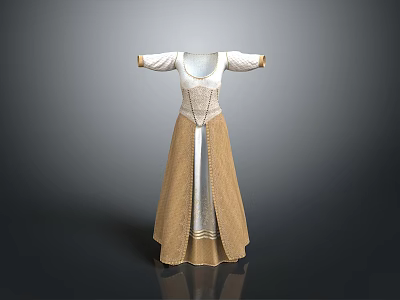 Man Wearing White And Brown Long Dress With Long Sleeves Waist Decoration And Flowy Hem 3d model