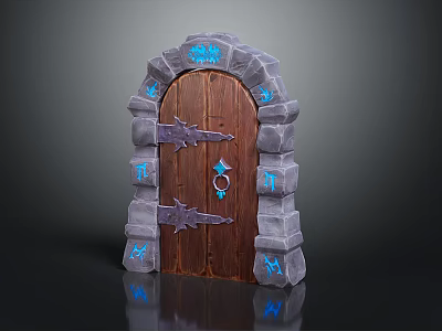 Decorative Wooden Door With Stone Frame Metal Hardware And Blue Runes 3d model