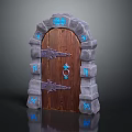 Decorative Wooden Door With Stone Frame Metal Hardware And Blue Runes