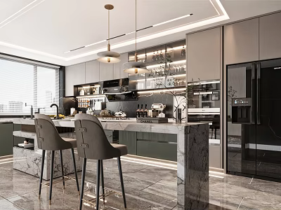 Modern Kitchen Interior With Marble Island Gray Cabinets Bar Stools Pendant Lights And Appliances 3d model