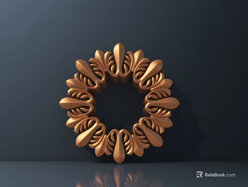Golden Circular Carved Design with Intricate Patterns on Dark Background and Reflective Surface 3d model