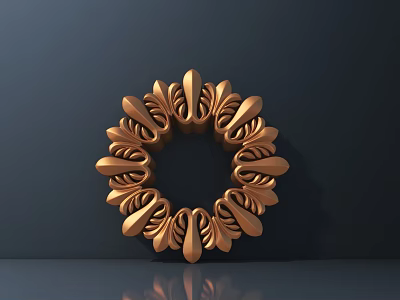 Golden Circular Carved Design with Intricate Patterns on Dark Background and Reflective Surface 3d model