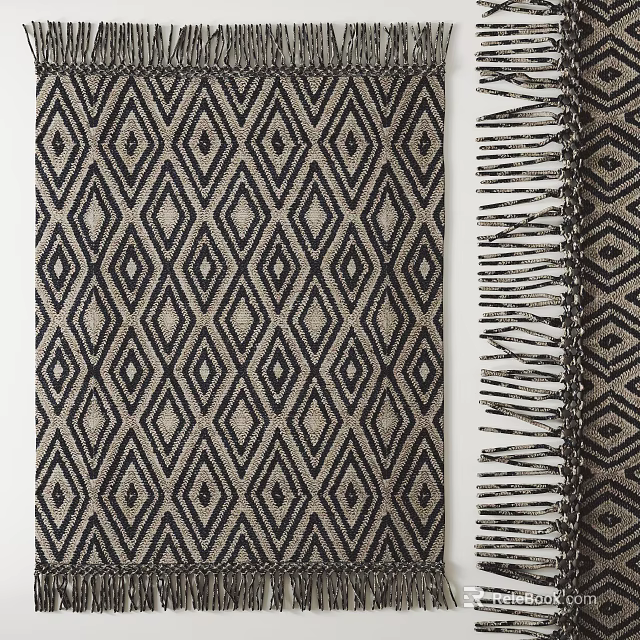 Classic Square Rug With Diamond Pattern Navy Beige Woven Fringe Details 3d model 