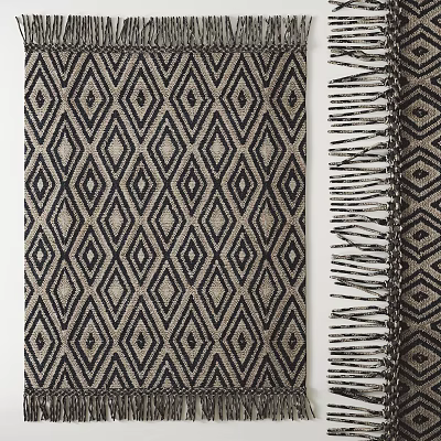 Classic Square Rug With Diamond Pattern Navy Beige Woven Fringe Details 3d model