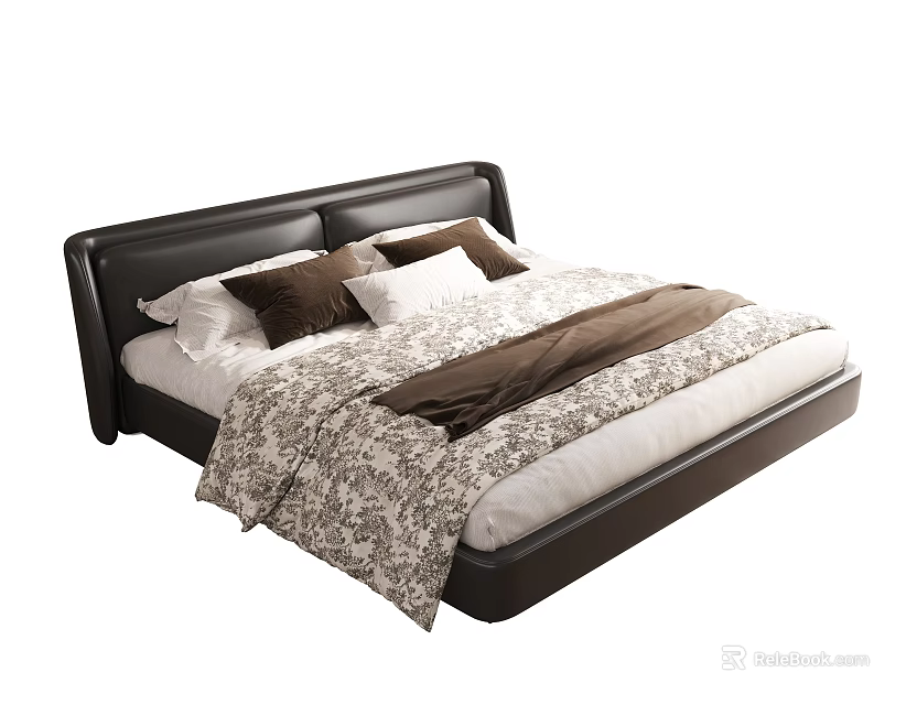 Modern Double Bed With Leather Headboard Brown White Pillows And Patterned Bedspread 3d model