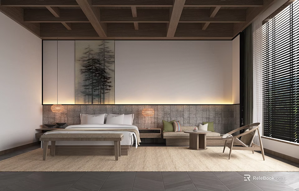 Modern Hotel Room Interior With Wooden Ceiling Bed Nightstand Table Lamp And Area Rug 3d model 