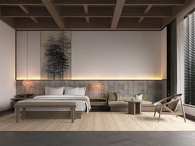 Modern Hotel Room Interior With Wooden Ceiling Bed Nightstand Table Lamp And Area Rug 3d model