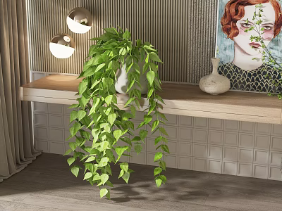 Lush Green Potted Plant with Hanging Vines on Wooden Shelf in Modern Room 3d model
