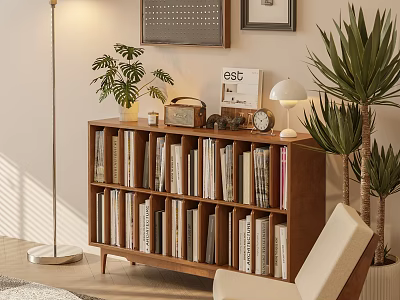 Modern Wooden Bookcase Filled With Books Potted Plants Table Lamp And Decorative Items 3d model