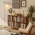Modern Wooden Bookcase Filled With Books Potted Plants Table Lamp And Decorative Items