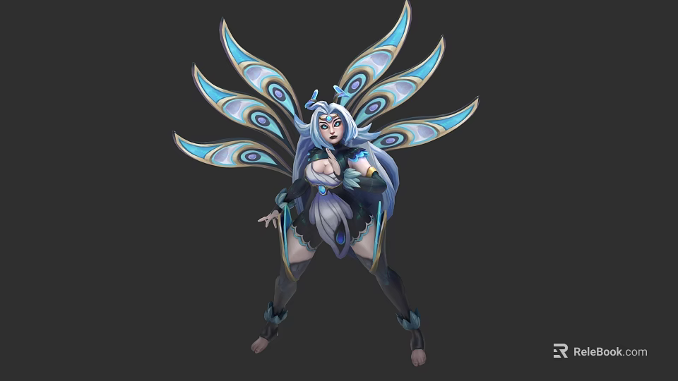 Mythical Game And Movie Character With Peacock Feather Wings Blue Long Hair And Decorative Costume 3d model 