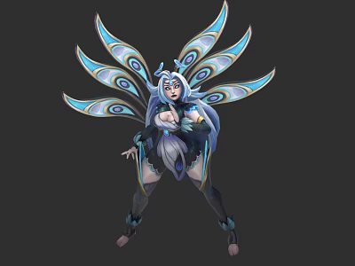 Mythical Game And Movie Character With Peacock Feather Wings Blue Long Hair And Decorative Costume 3d model
