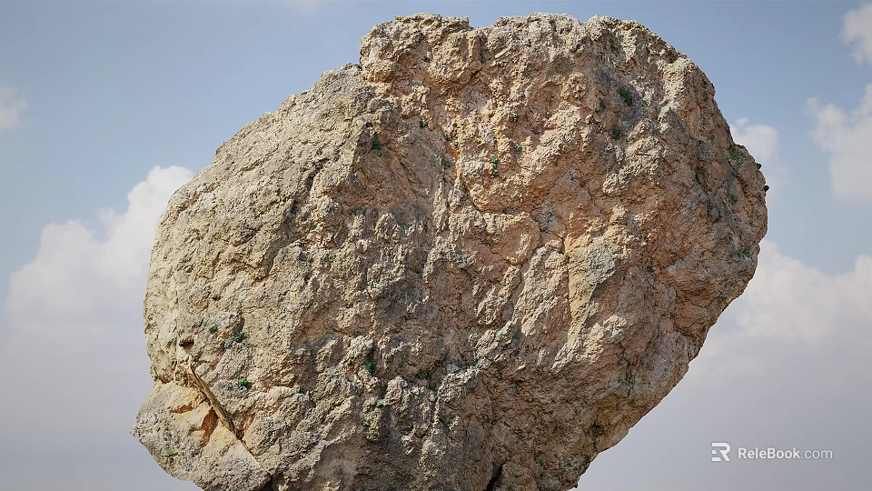Natural Large Rock With Rough Surface And Green Plants Against Blue Sky White Clouds 3d model 