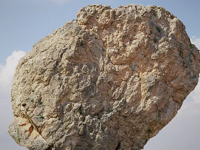 Natural Large Rock With Rough Surface And Green Plants Against Blue Sky White Clouds 3d model