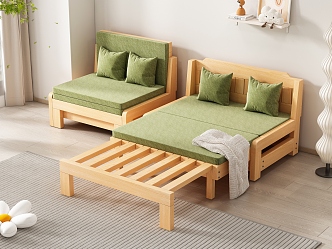 Solid Wood Sofa Bed Folding Bed Push-pull Bed Multifunctional Bed Fabric Sofa Bed Pillow Floor Lamp Wall Rack Ornaments 3d model