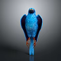 Vibrant Blue Bird with Orange Beak and Claws Standing with Spread Wings Against Gray Background