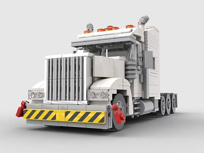 Detailed Building Blocks Heavy Duty Truck With Cab Grille Warning Lights Smokestack And Wheels 3d model