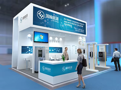 Modern Exhibition Booth for Guochang Communications with Blue White Design Display Screen and Reception Desk 3d model