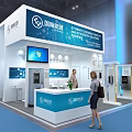 Modern Exhibition Booth for Guochang Communications with Blue White Design Display Screen and Reception Desk