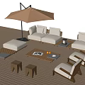 Outdoor Sofa Set with Umbrella Coffee Table and Stools on Wooden Deck