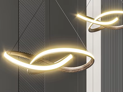Modern Curved Illuminated Chandelier With Wooden Metal Design Hanging In Indoor Space 3d model