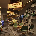 Cozy Café Interior With String Lights Moon Decoration Teepee Neon Signs Green Plants Bar Counter