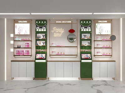 Stylish Mall Counter Display With Green White Cabinets Shelves Beauty Products Marble Floor And Lighting 3d model