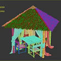 Thatch Roof Pavilion With Wooden Table Chairs And White Curtains