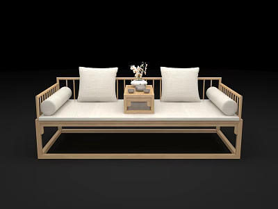 Simple Modern Wooden Daybed with White Cushions and Tea Table Vase Flowers 3d model
