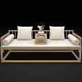 Simple Modern Wooden Daybed with White Cushions and Tea Table Vase Flowers