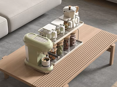 Modern Kitchen Appliances Featuring Green Coffee Machine Metal Rack Jars And Cups On Wooden Table 3d model