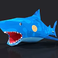 Cartoon Style Blue Shark Game Movie Character With Open Mouth And Orange Circular Side Pattern