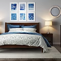Double Bed with Blue White Bedding Nightstands Table Lamps Wall Art Dresser on Rug