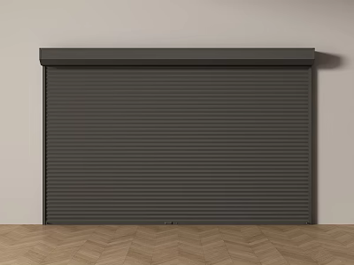 Gray Slatted Roller Shutter Against Light Colored Wall And Wooden Floor 3d model