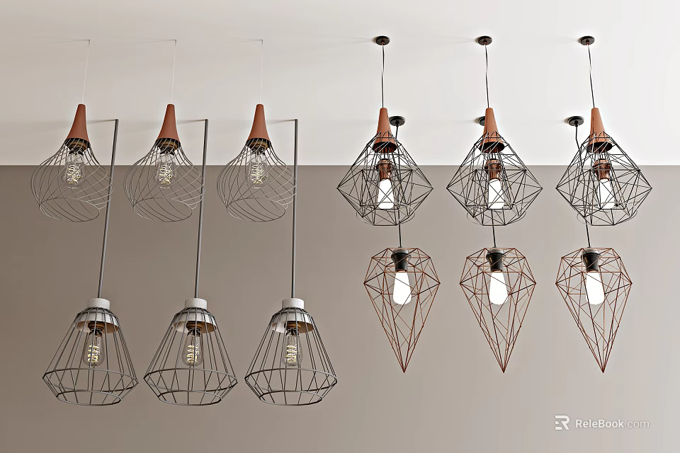 Modern Industrial Pendant Lights With Wire Frames And Copper Black Cone Geometric Shapes 3d model