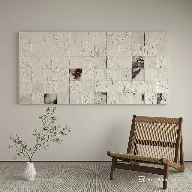 Abstract Wall Art With White Square Design Dark Accents Wooden Chair And Green Plant 3d model 