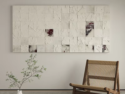 Abstract Wall Art With White Square Design Dark Accents Wooden Chair And Green Plant 3d model
