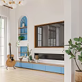 Bright Living Dining Room With Blue Wall Sofa Coffee Table And Ceiling Fan